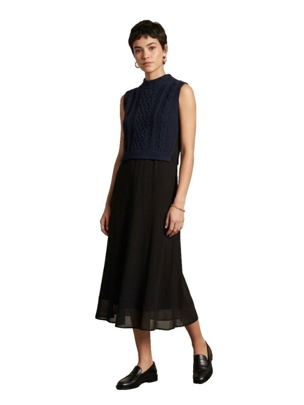 Sea New York Layered Navy Wool Sweater Vest with Black Silk Midi Bottom
